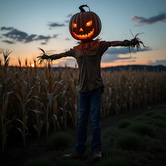 Scary Pumpkin Head Scarecrow Standing in Cornfield at Dusk