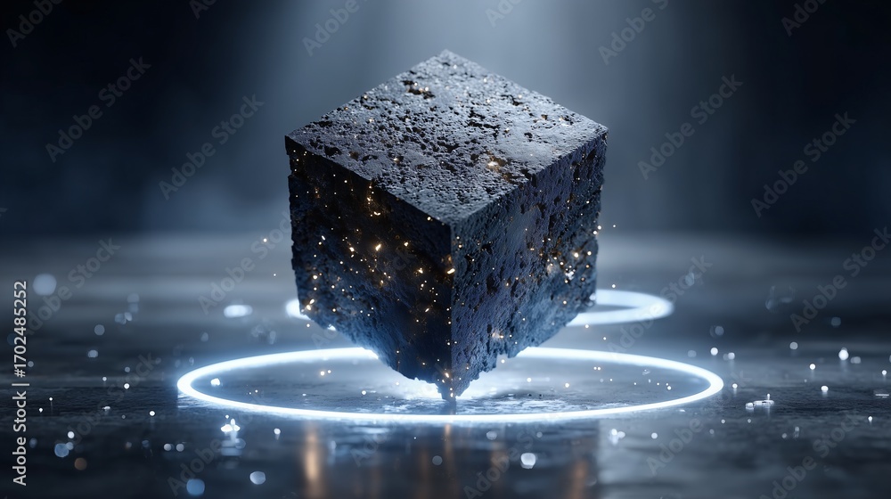 Poster mysterious dark cube hovers above glowing circle on metallic surface, symbolizing digital defense co