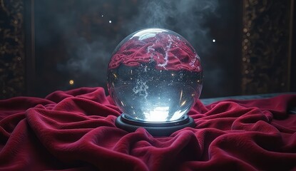 Mysterious crystal ball reveals secrets on rich velvet, sparking wonder and intrigue for future insights.