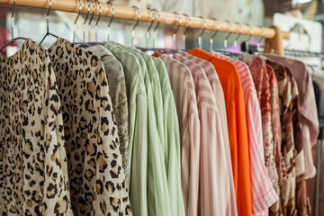 Colorful clothing hanging on a rack in a boutique