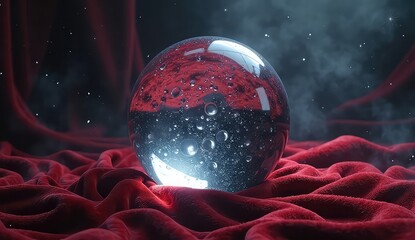 Mysterious crystal sphere with swirling red liquid and floating particles on plush velvet background
