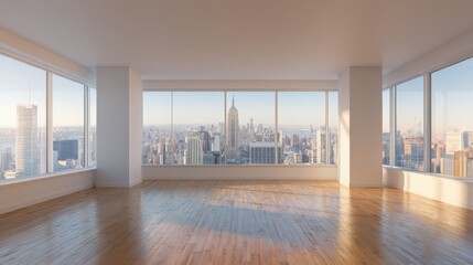 Fototapeta premium Modern Empty Apartment Interior with Large Windows Overlooking the New York City Skyline at Sunset