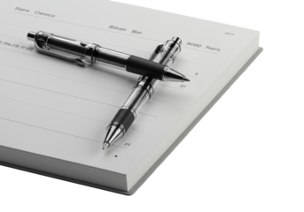 Sleek black ballpoint pen, clear barrel, visible ink, on transparent unlined notebook, minimalist light surface, soft diffused studio light. Strategic planning concept