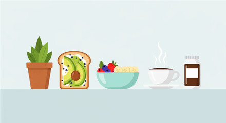Modern flat vector illustration of a nutritious morning meal with avocado toast, fresh fruit bowl, hot coffee, and supplements