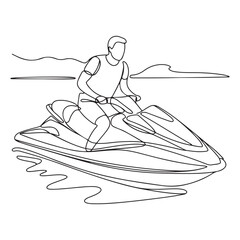 Single continuous line drawing of young sporty tourist man fun playing jet ski in the sea. with white background