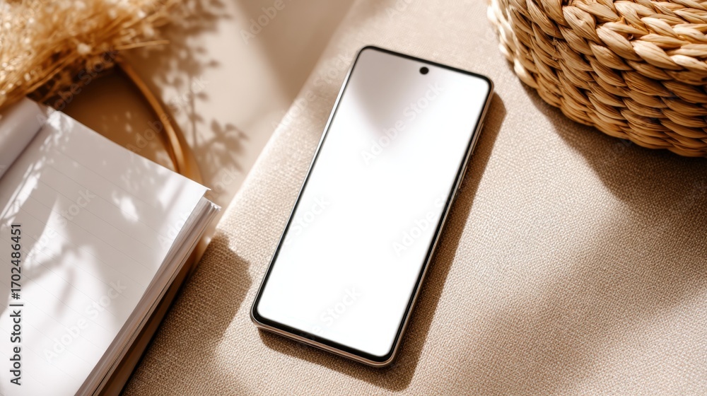 Poster smartphone mockup with blank screen display for app or website presentation, styled product showcase