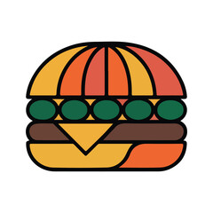 Colorful stylized burger illustration with beef cheese lettuce and sesame seed bun for fast food concept design and menu creation