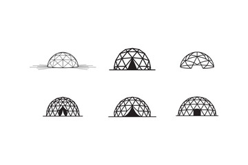 Collection of Geodesic Dome Vector Icons Depicting Alternative Housing and Sustainable Architectural Design Elements on White Background