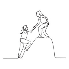 Single one line Art drawing two woman help each other to climb up the mountain. Help hand, hope and support. with white background