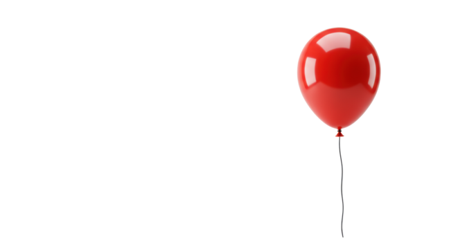Vibrant red, glossy spherical balloon with black string, floating on minimalist white background, ample copy space, high key, concept of corporate innovation and progress