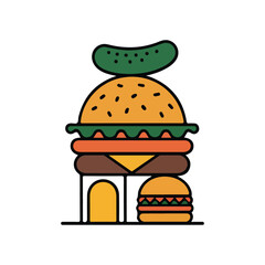 Stylized Burger with Pickle on Top Featuring Various Ingredients and a Second Smaller Burger Next To It with Minimalist Design