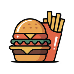 Stylized Vector Illustration of a Classic Burger with Fries on White Background Delicious Fast Food Meal