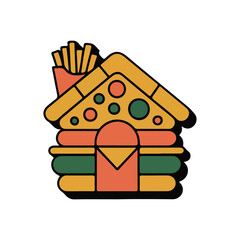 Unique and Fun Food House Icon Illustration with Burger Fries and Pizza for Creative Food Designs and Menu Graphics