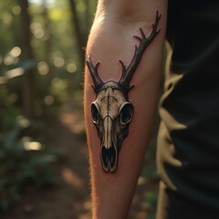 Showing Deer Skull Tattoo on Arm in Outdoor Setting
