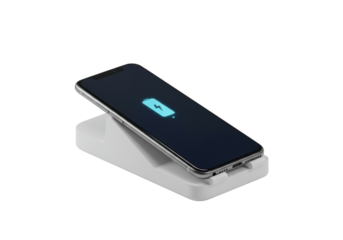 sleek, modern, brand-neutral smartphone on a minimalist charging stand, glowing generic interface on a transparent studio background with soft light and copy space, modern mobile connectivity and