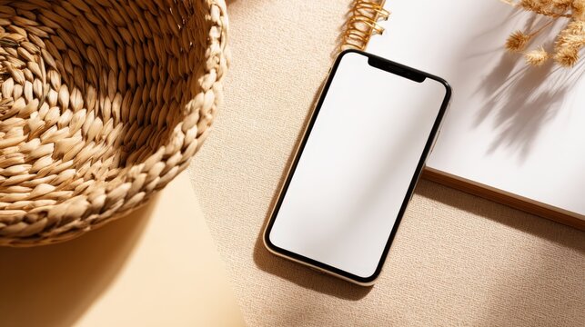 Modern Mobile Phone Mockup with Basket and Spiral Notebook on Beige Surface, Top View