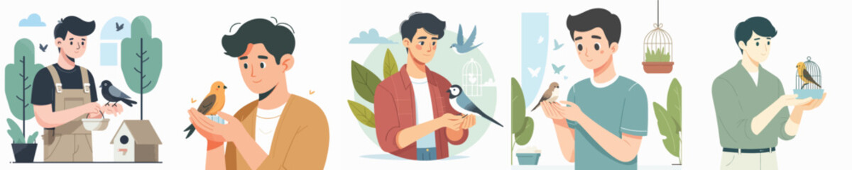 vector young man has a pet bird
