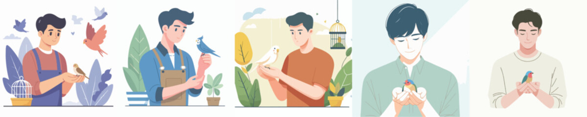 vector young man has a pet bird