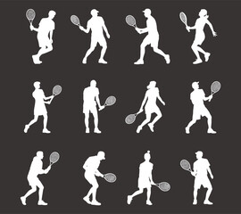 Tennis player silhouettes set, athletes with rackets in action poses, sports icons, match competition, game illustrations, fitness, training graphics