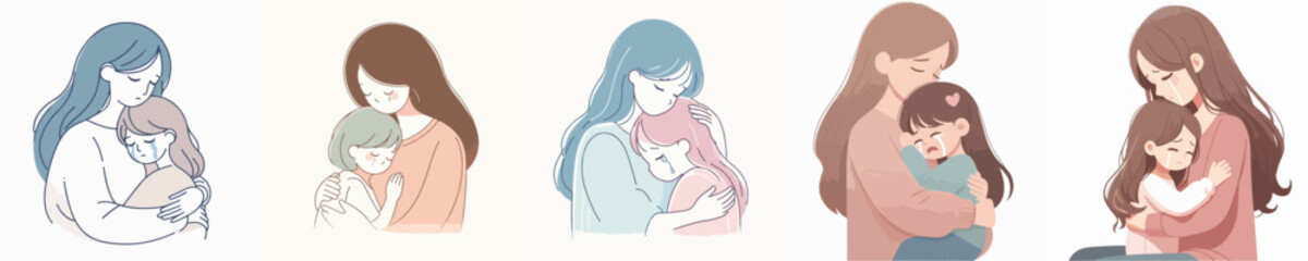 vector of a girl crying in her mother's arms