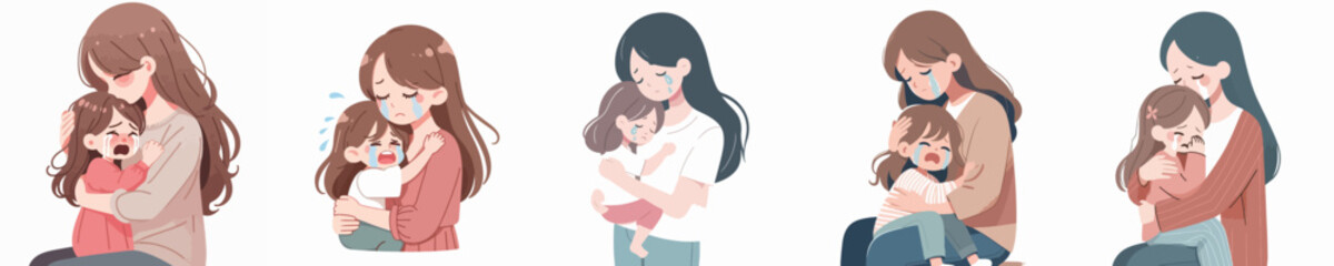 vector of a girl crying in her mother's arms