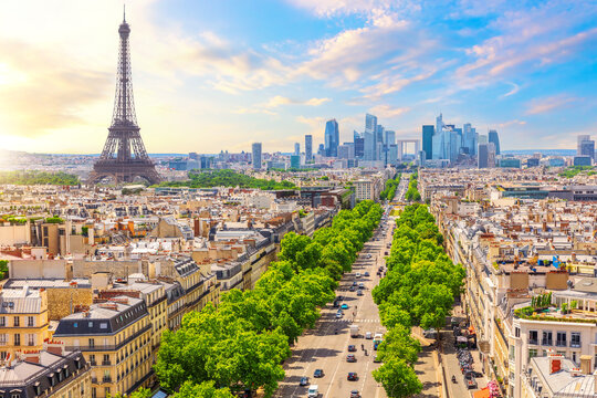 Beautiful skyline of Paris, view of rooftops, Eiffel Tower and business district