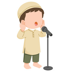 Cute Muslim Boy Calling to Prayer (Adhan) with Microphone Illustration