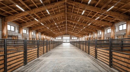 Spacious Indoor Horse Stable with Wooden Beams and Natural Light for Animal Comfort and Well-being