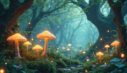 Enchanting magical forest glowing mushrooms and fireflies create a mystical dreamscape
