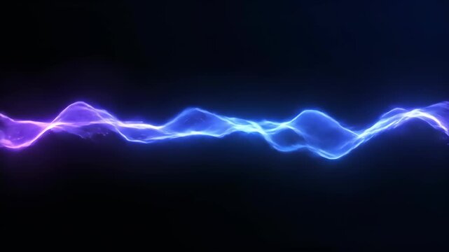 Neon glowing energy wave electric blue light abstract background horizontal flow with vibrant dynamic digital technology motion, purple light trail and dark background, futuristic horizontal electric