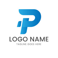 A dynamic logo with a stylized letter 'P' in a folded, ribbon-like shape with a blue gradient, representing motion and modernity.