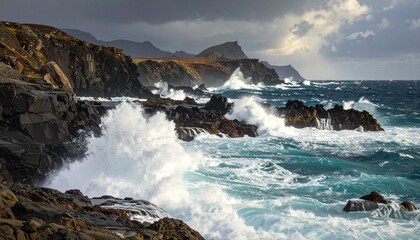 Rocky coastline with crashing waves under a dramatic cloudy sky, cinematic tones