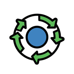 Circular arrows rotate around center indicating flow icon