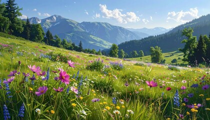 Obraz premium Peaceful meadow filled with colorful wildflowers, mountains in the distance
