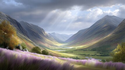 Dramatic Sunbeams Illuminate a Majestic Mountain Valley with Vibrant Purple Grass and Autumn Trees