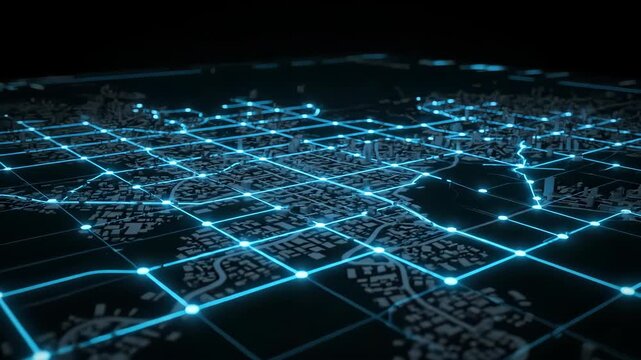 Smart grid connection line glowing across digital map futuristic city infrastructure blue neon network technology urban planning energy innovation connectivity modern night cityscape