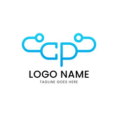 A blue gradient logo representing the letters 