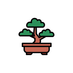 Stylized bonsai grows in clay pot against backdrop