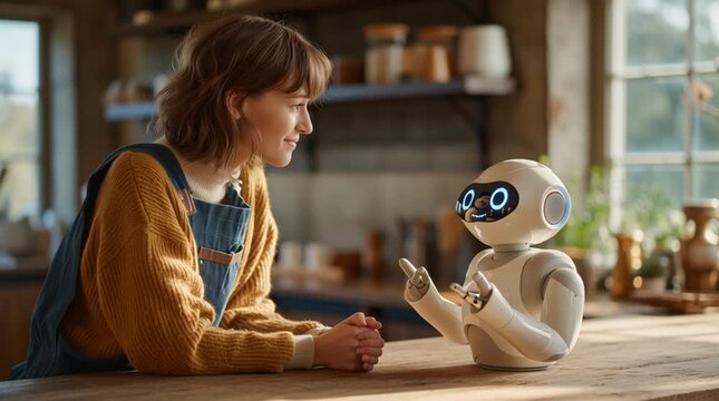 A humanoid robot is having an engaging conversation with a woman in a cozy kitchen, with a warm and friendly expression. The calm, welcoming setting highlights the robot&rsquo;s role as a companion and assi