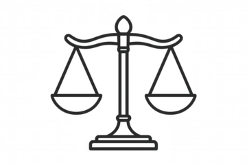 Simple line drawing of balanced scales of justice on a transparent background, symbolizing fairness, equality, and the legal system