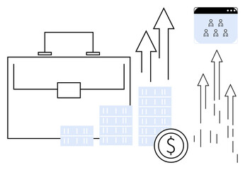 Briefcase, coin stack, financial charts, upward arrows, team meeting window. Ideal for business strategy, growth, investment teamwork analytics finance entrepreneurship themes. Simple flat