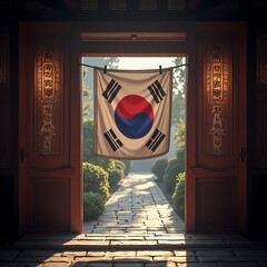 Flag Hanging in Doorway of Traditional Building Leading to Pathway