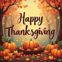 Festive Thanksgiving Pumpkins with Autumn Leaves in a Forest Background