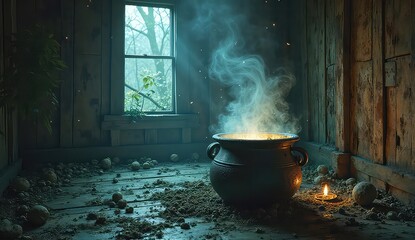 Mysterious bubbling cauldron in rustic cabin with candle glow and eerie smoke