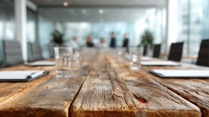 Executive Meeting Room with Wooden Table and Blurred Figures in Background - Corporate Environment