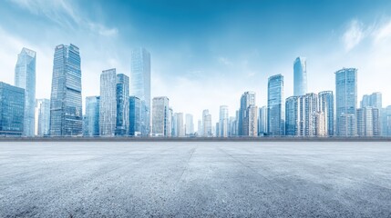 Fototapeta premium Cityscape View with Empty Concrete Ground, Featuring Modern Architecture and Clear Blue Sky, Perfect for Urban Development Concepts