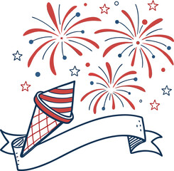 Festive ribbon banner with exploding fireworks celebration graphic