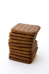 A stack of chocolate biscuit on a white background