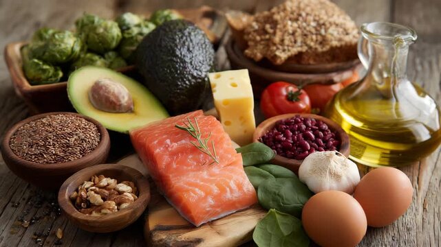 Assortment of healthy food including salmon avocado cheese vegetables nuts grains and fruits concept of balanced diet nutrition vitamins omega 3 natural ingredients organic eating clean food
