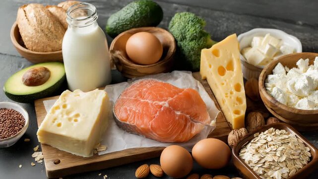 healthy food assortment salmon cheese eggs milk broccoli avocado protein sources balanced nutrition diet concept natural ingredients ketogenic diet food